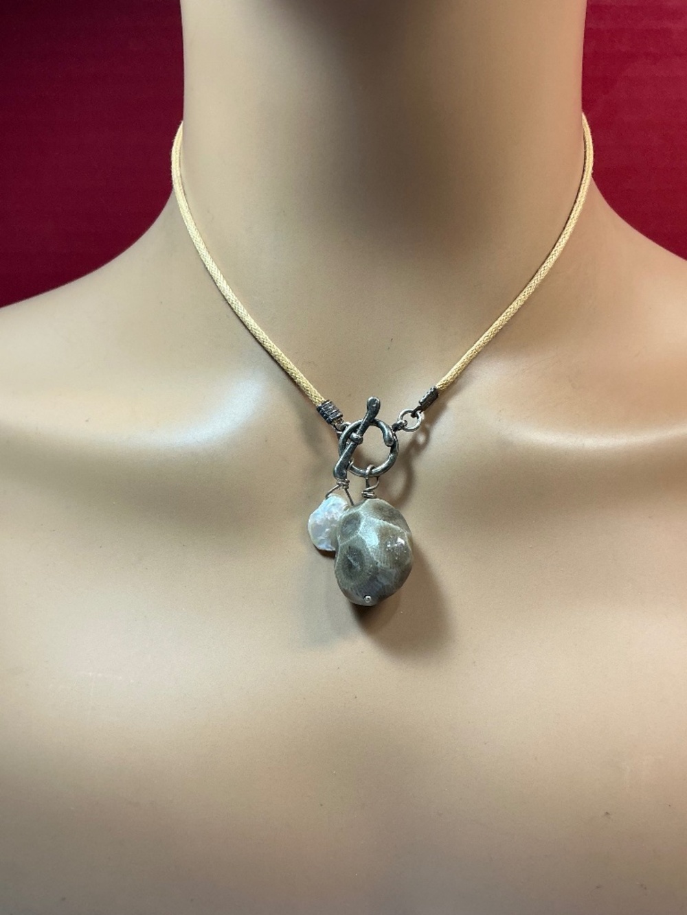 SX Sterling Silver Toggle Clasp Necklace W/ Cord, pearl & stone pendant. 17”